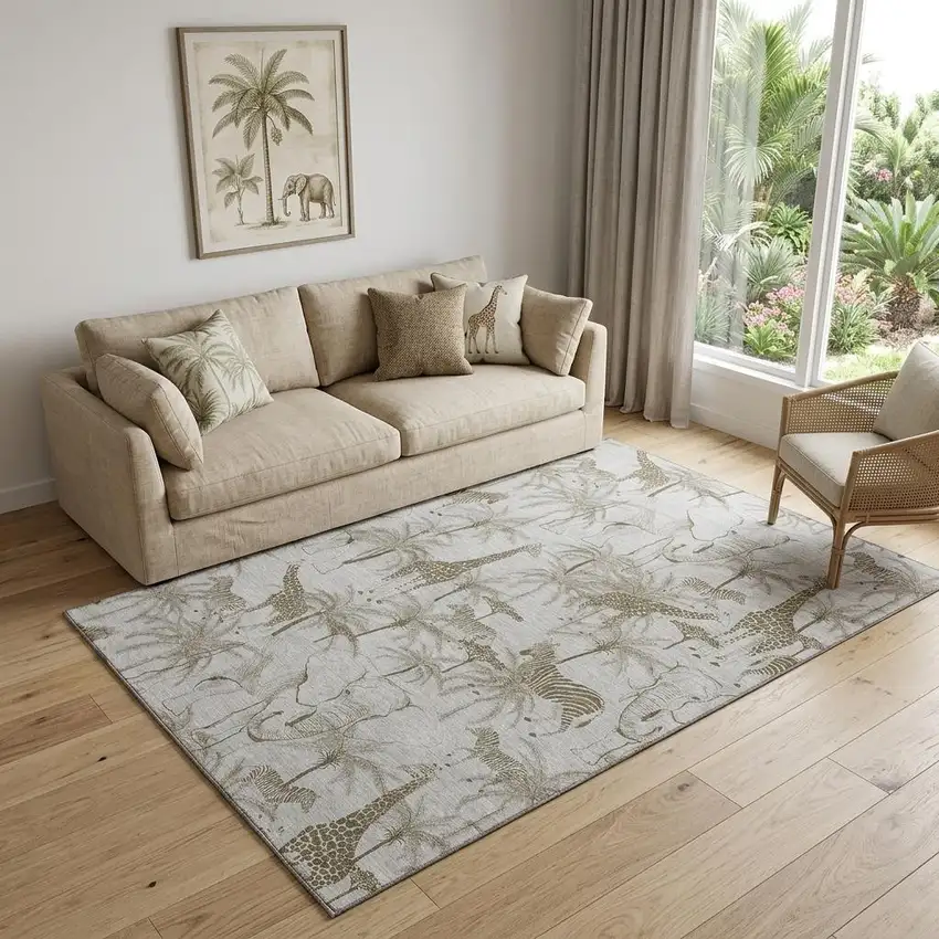 Light Gray And Brown Geometric Washable Area Rug With UV Protection Photo 1
