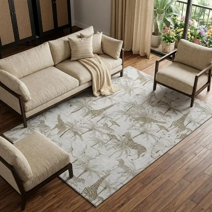 Light Gray And Brown Geometric Washable Area Rug With UV Protection Photo 1