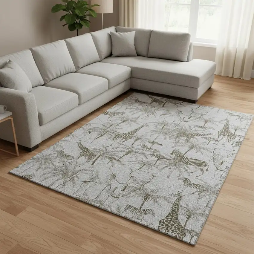 Light Gray And Brown Geometric Washable Area Rug With UV Protection Photo 1