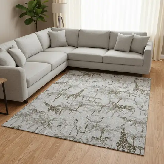 Light Gray And Brown Geometric Washable Area Rug With UV Protection Photo 1