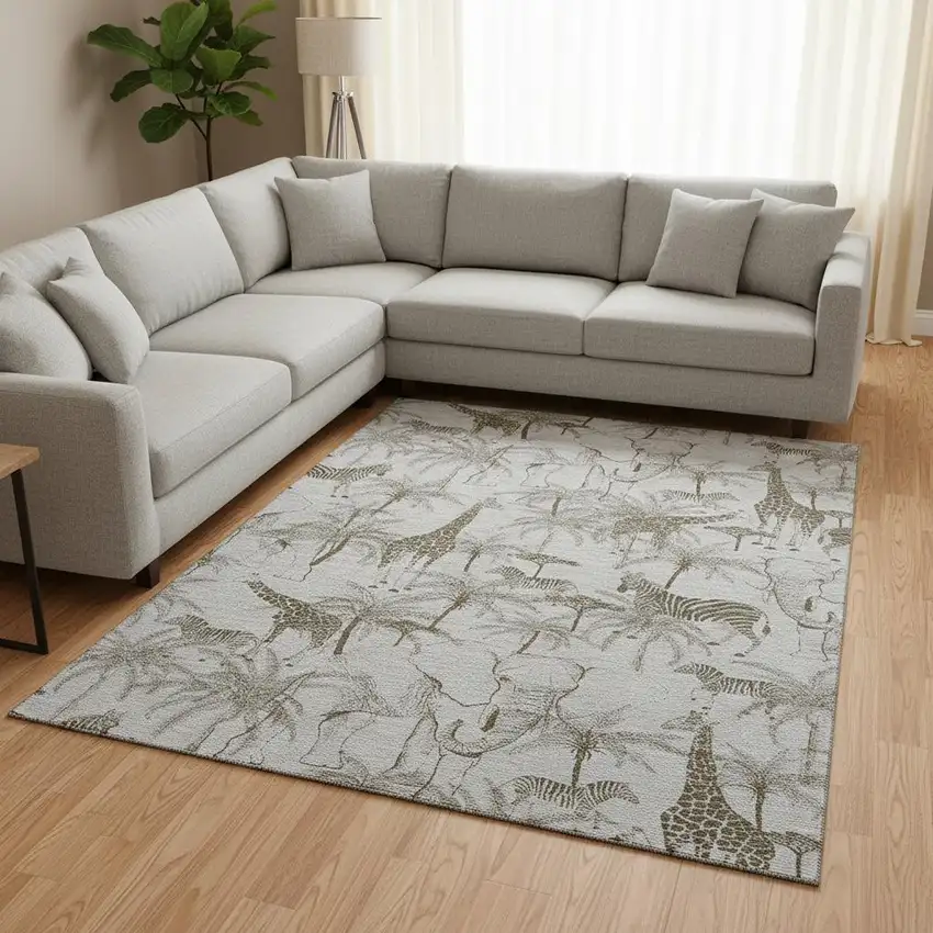 Light Gray And Brown Geometric Washable Area Rug With UV Protection Photo 1