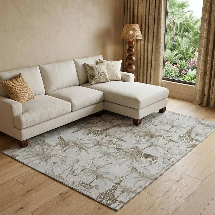 Light Gray And Brown Geometric Washable Area Rug With UV Protection Photo 1