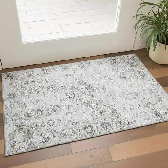 Light Gray And Charcoal Floral Medallion Washable Area Rug With UV Protection Photo 1