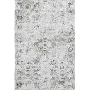Photo of Light Gray And Charcoal Floral Medallion Washable Area Rug With UV Protection