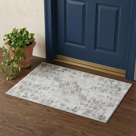 Light Gray And Charcoal Floral Medallion Distressed Washable Area Rug With UV Protection Photo 1
