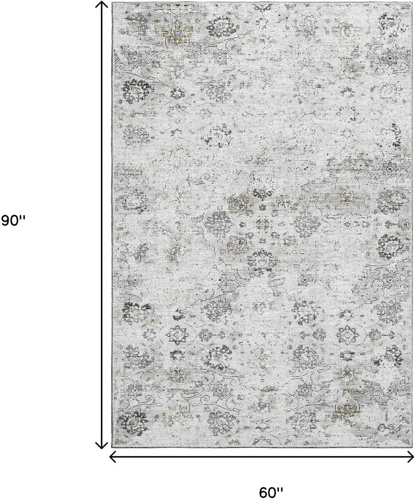 Light Gray And Charcoal Floral Medallion Washable Area Rug With UV Protection Photo 3