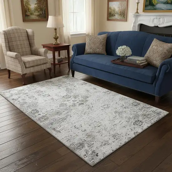 Light Gray And Charcoal Floral Medallion Washable Area Rug With UV Protection Photo 1