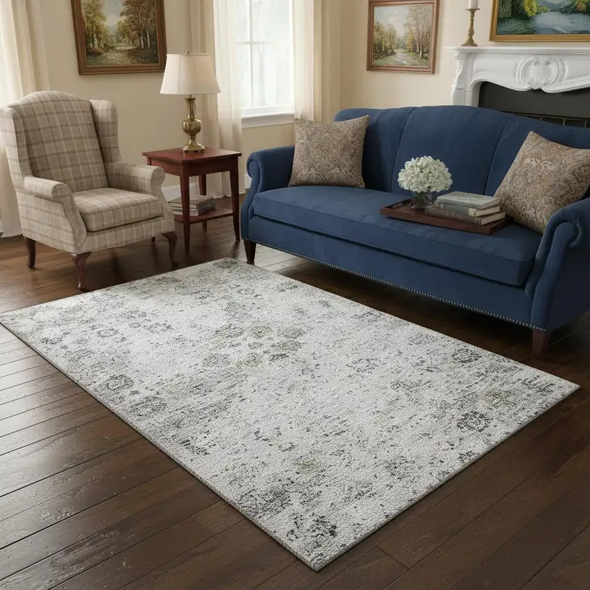 Light Gray And Charcoal Floral Medallion Washable Area Rug With UV Protection Photo 1