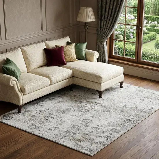 Light Gray And Charcoal Floral Medallion Distressed Washable Area Rug With UV Protection Photo 1