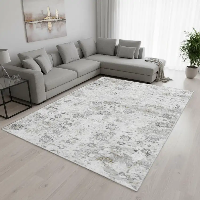 Light Gray And Charcoal Floral Medallion Washable Area Rug With UV Protection Photo 1