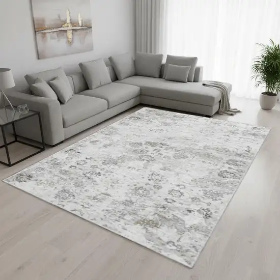 Light Gray And Charcoal Floral Medallion Washable Area Rug With UV Protection Photo 1