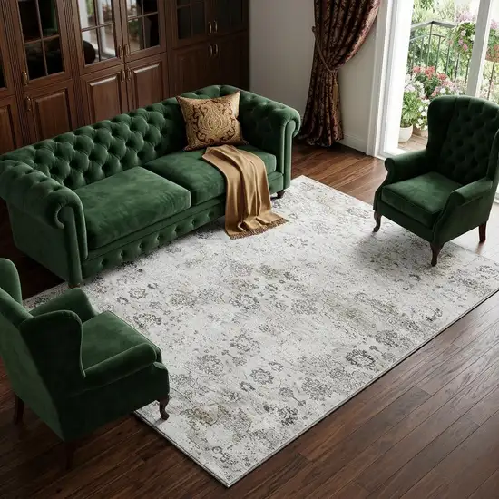 Light Gray And Charcoal Floral Medallion Distressed Washable Area Rug With UV Protection Photo 1