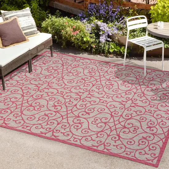 Light Gray And Fuchsia Geometric Indoor Outdoor Area Rug Photo 9