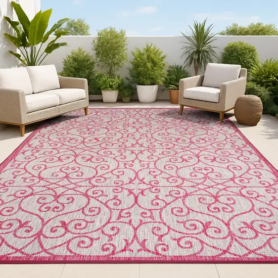 Light Gray And Fuchsia Geometric Indoor Outdoor Area Rug Photo 4