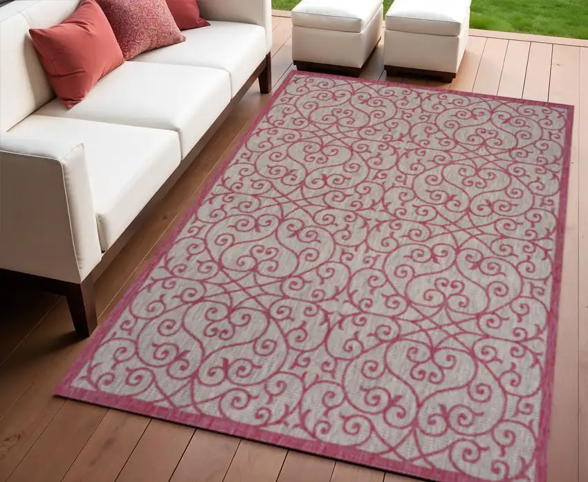 Light Gray And Fuchsia Geometric Indoor Outdoor Area Rug Photo 1