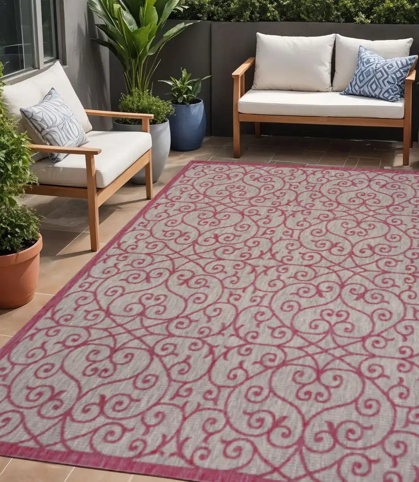 Light Gray And Fuchsia Geometric Indoor Outdoor Area Rug Photo 1