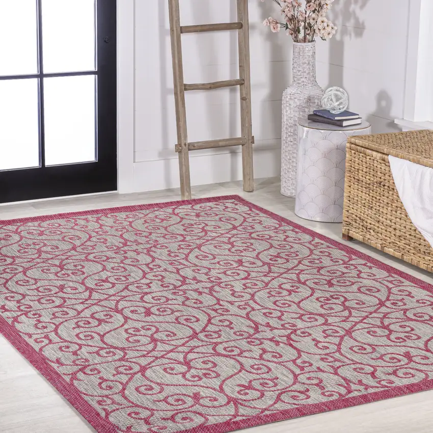 Light Gray And Fuchsia Geometric Indoor Outdoor Area Rug Photo 8