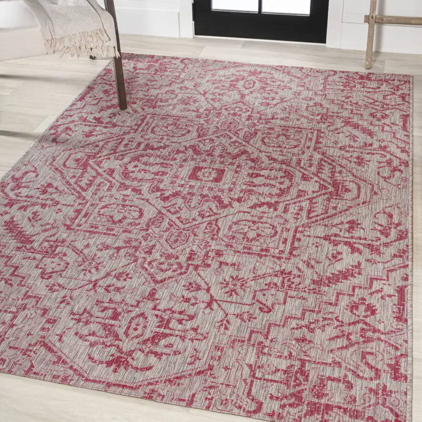 Light Gray And Fuchsia Medallion Indoor Outdoor Area Rug Photo 5