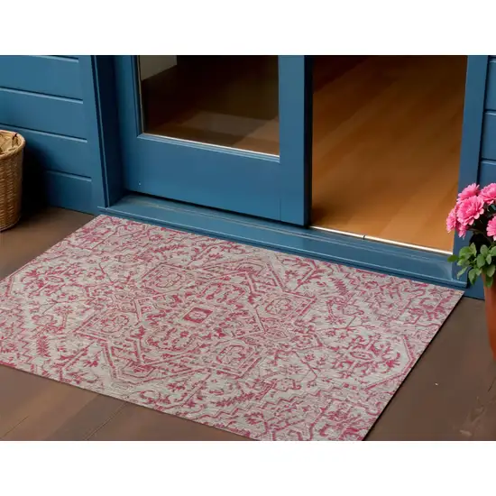 Light Gray And Fuchsia Medallion Indoor Outdoor Area Rug Photo 1
