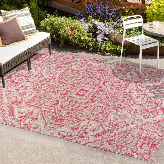 Light Gray And Fuchsia Medallion Indoor Outdoor Area Rug Photo 9