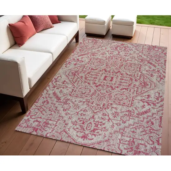 Light Gray And Fuchsia Medallion Indoor Outdoor Area Rug Photo 1