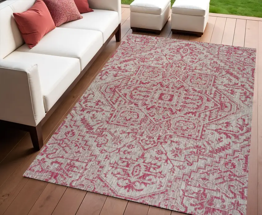 Light Gray And Fuchsia Medallion Indoor Outdoor Area Rug Photo 1