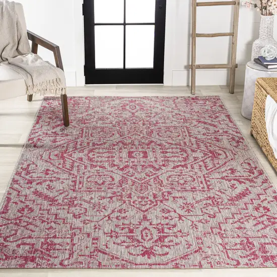 Light Gray And Fuchsia Medallion Indoor Outdoor Area Rug Photo 7