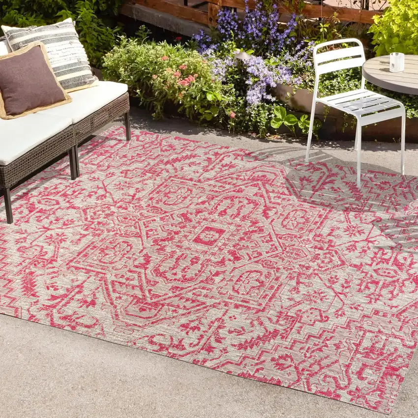 Light Gray And Fuchsia Medallion Indoor Outdoor Area Rug Photo 9