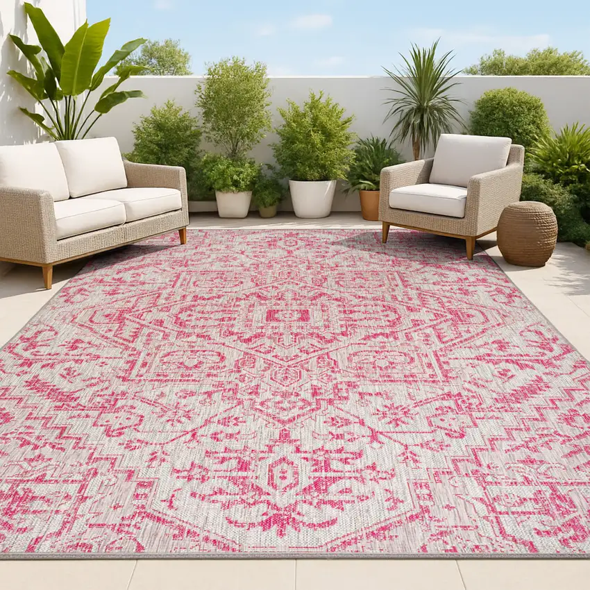 Light Gray And Fuchsia Medallion Indoor Outdoor Area Rug Photo 4