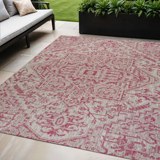 Light Gray And Fuchsia Medallion Indoor Outdoor Area Rug Photo 1