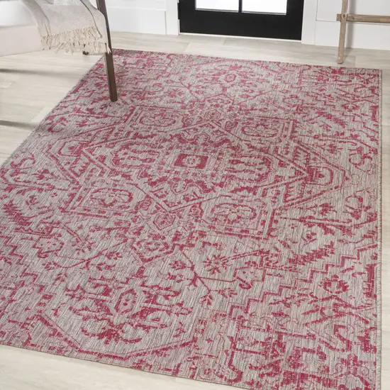 Light Gray And Fuchsia Medallion Indoor Outdoor Area Rug Photo 5