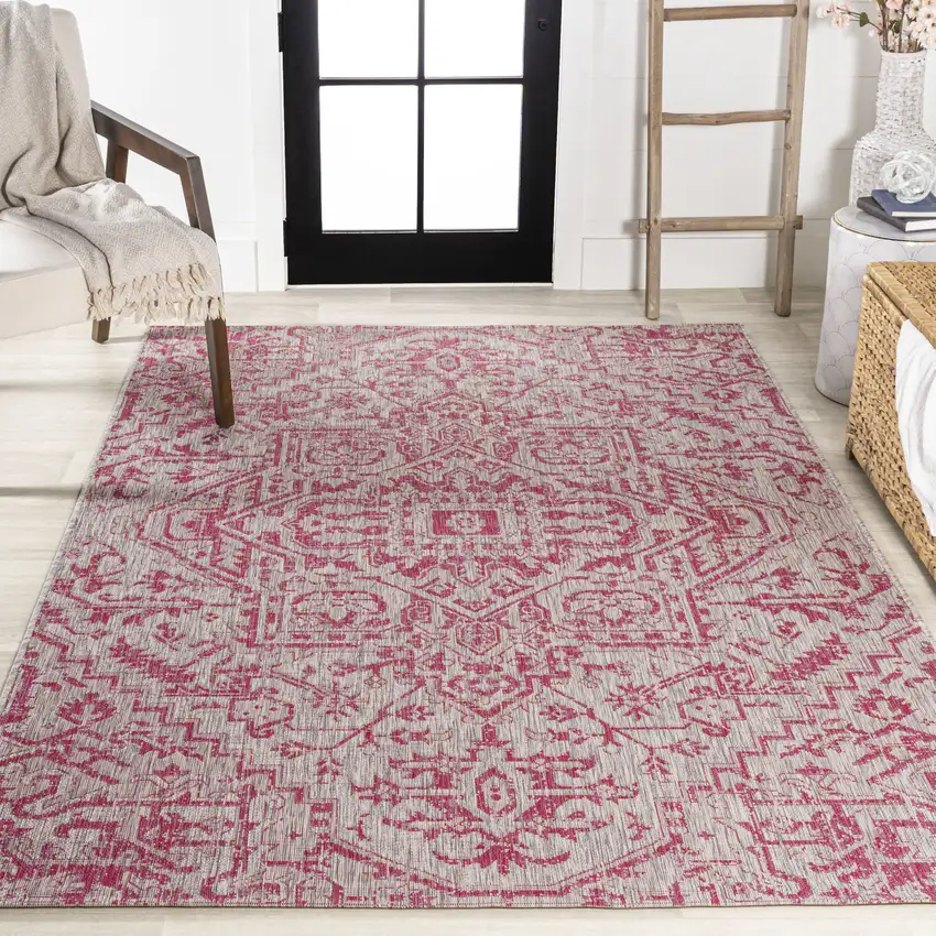 Light Gray And Fuchsia Medallion Indoor Outdoor Area Rug Photo 7