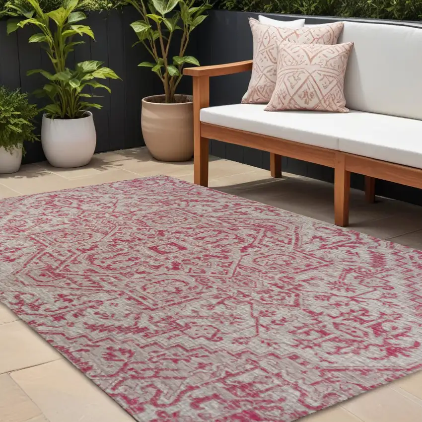 Light Gray And Fuchsia Medallion Indoor Outdoor Area Rug Photo 1