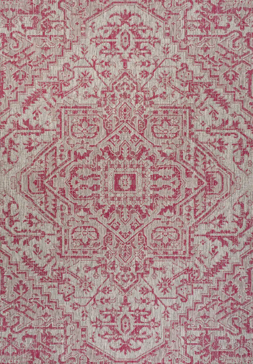 Light Gray And Fuchsia Medallion Indoor Outdoor Area Rug Photo 1