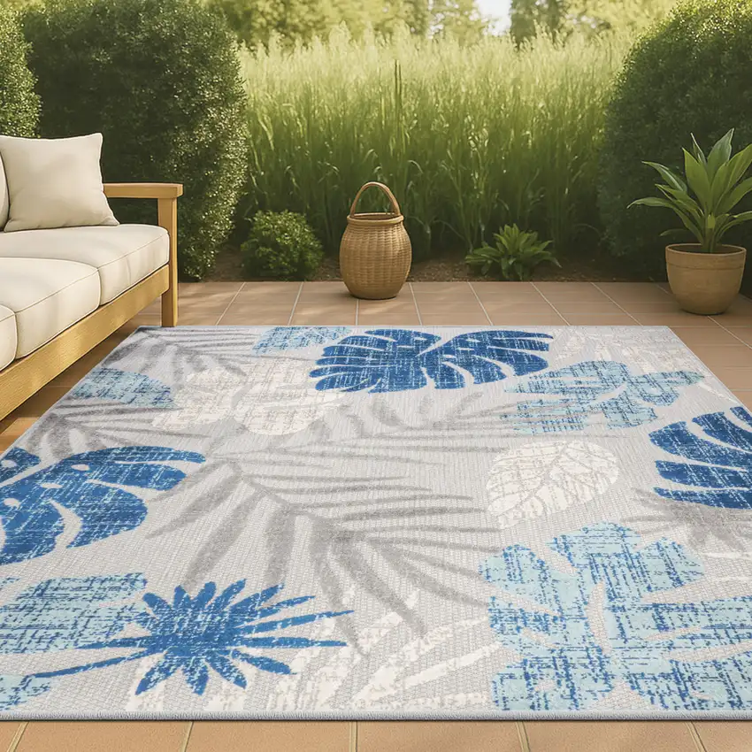 Light Gray And Navy Blue Floral Indoor Outdoor Area Rug Photo 5