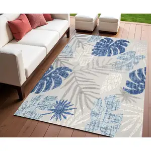 Photo of Light Gray And Navy Blue Floral Indoor Outdoor Area Rug