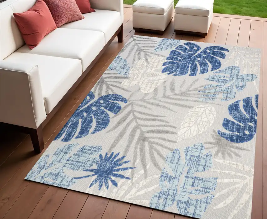 Light Gray And Navy Blue Floral Indoor Outdoor Area Rug Photo 1