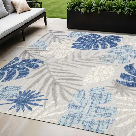 Light Gray And Navy Blue Floral Indoor Outdoor Area Rug Photo 1