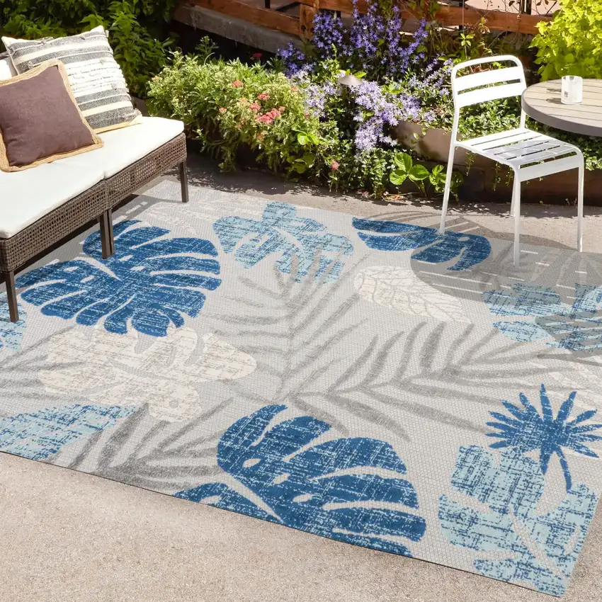 Light Gray And Navy Blue Floral Indoor Outdoor Area Rug Photo 9