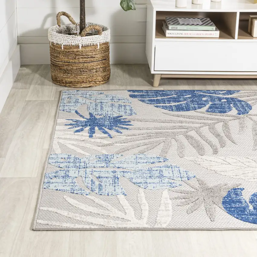 Light Gray And Navy Blue Floral Indoor Outdoor Area Rug Photo 7