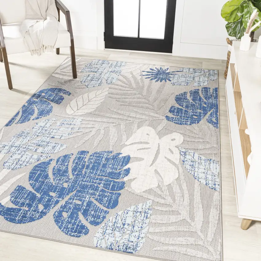 Light Gray And Navy Blue Floral Indoor Outdoor Area Rug Photo 5