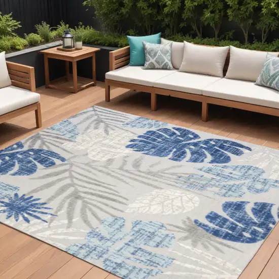 Light Gray And Navy Blue Floral Indoor Outdoor Area Rug Photo 1