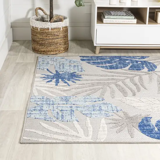 Light Gray And Navy Blue Floral Indoor Outdoor Area Rug Photo 6
