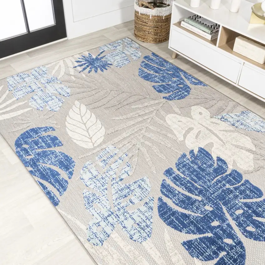 Light Gray And Navy Blue Floral Indoor Outdoor Area Rug Photo 7