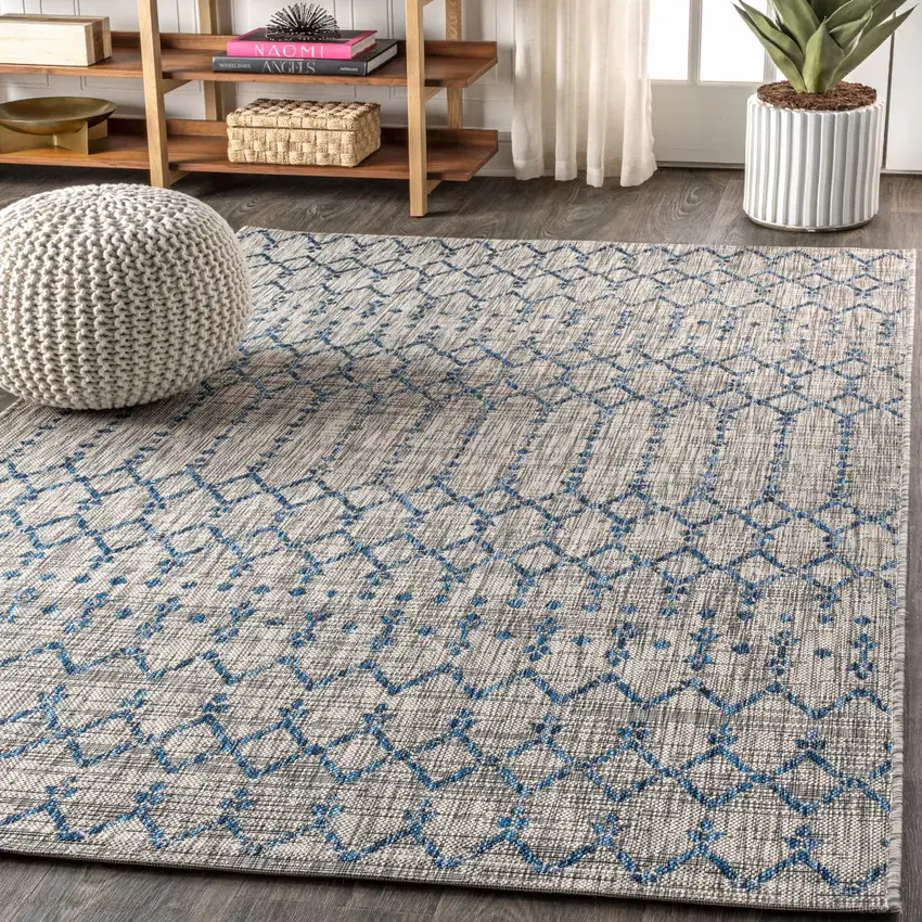 Light Gray And Navy Blue Trellis Indoor Outdoor Area Rug Photo 6
