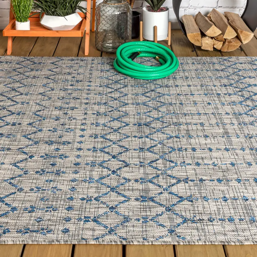 Light Gray And Navy Blue Trellis Indoor Outdoor Area Rug Photo 7