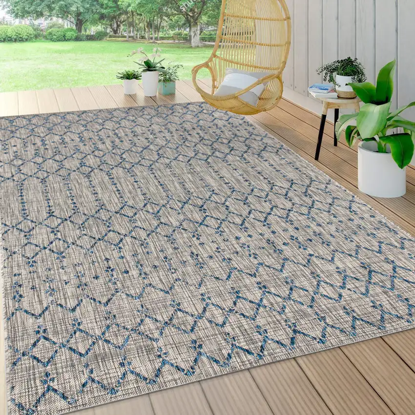 Light Gray And Navy Blue Trellis Indoor Outdoor Area Rug Photo 8