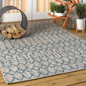 Photo of Light Gray And Navy Blue Trellis Indoor Outdoor Area Rug
