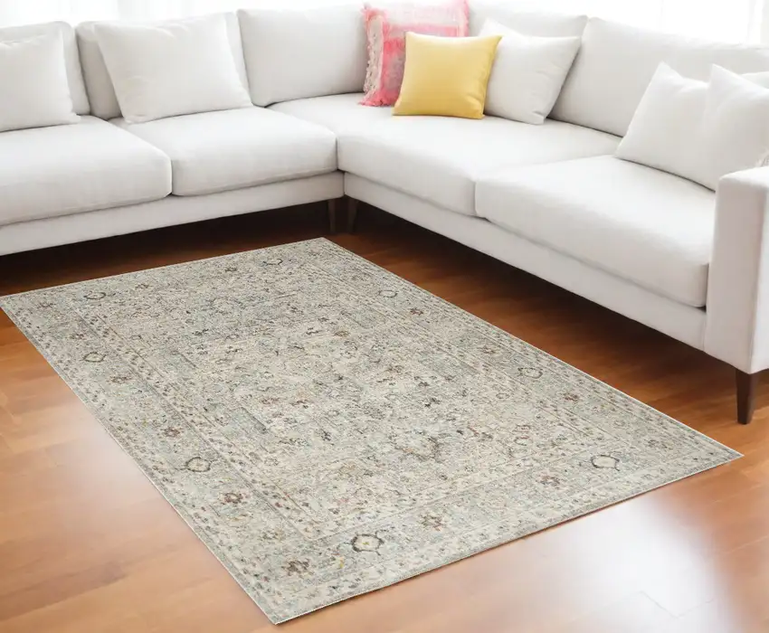 Light Gray Black And Yellow Floral Distressed Area Rug Photo 1