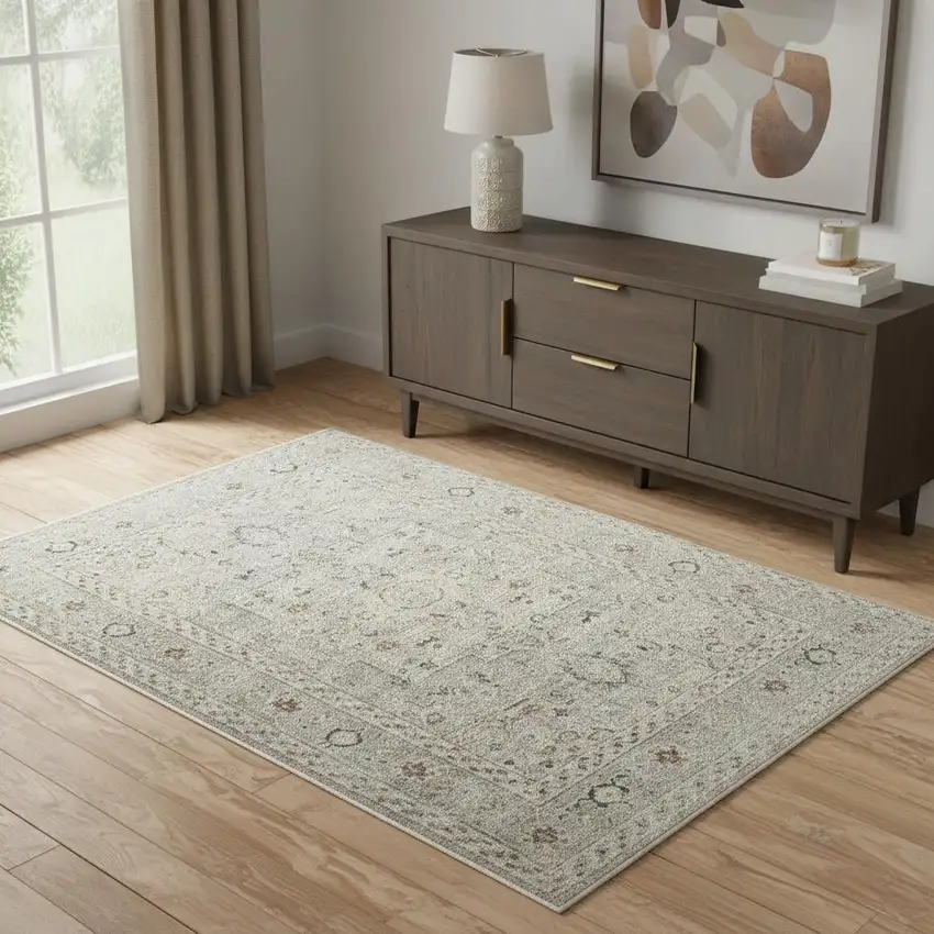 Light Gray Black And Yellow Floral Distressed Area Rug Photo 1